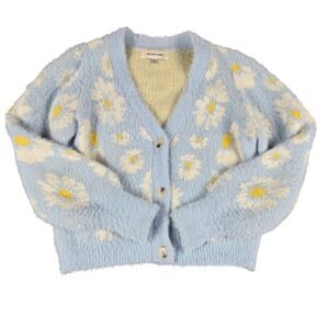 Willow & Wind Daisy Floral Cardigan Sweater Womens XS Blue Fuzzy Eyelash Knit